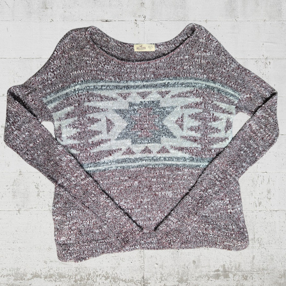 Hollister Heathered Red Southwestern Cropped Boat Neck Knit Sweater Size Small - Picture 1 of 5